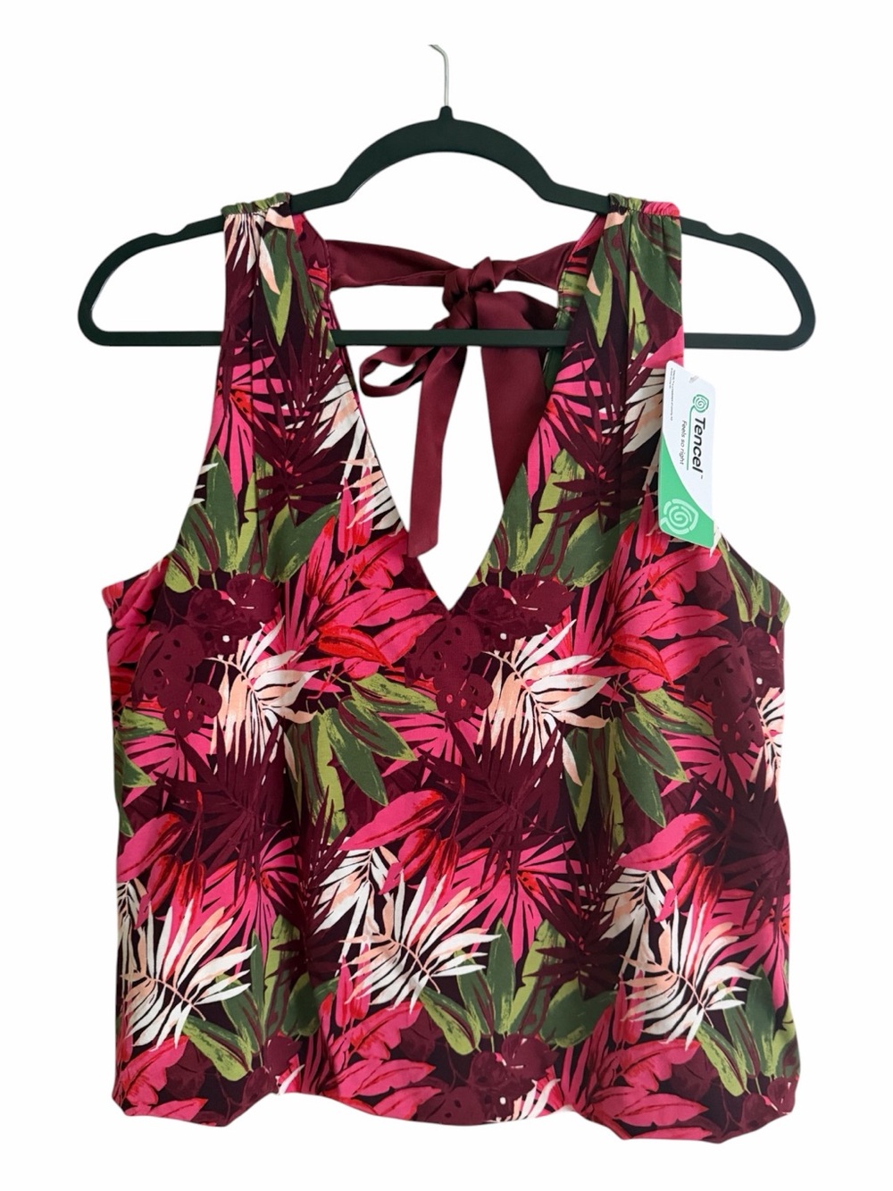 Lands' End Burgundy Floral Tank with Pink & Green Leaves